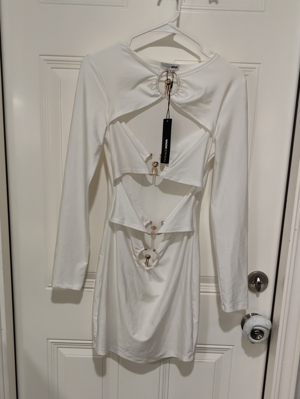 Nasty Gal White Cutout Long-Sleeve Dress with Gold Ring Details